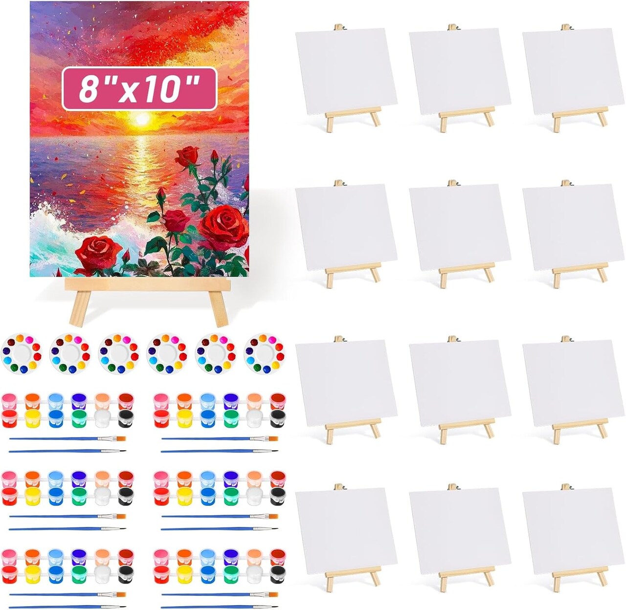 8x10 Inch Canvas & Easel Set – 12-Piece Bulk Art Kit with Mini Acrylic Paints, Brushes, Easel Stand, and Paint Trays – Sip & Paint Kit for Adults, Kids, Couples, Date Night, and Art Party Activities